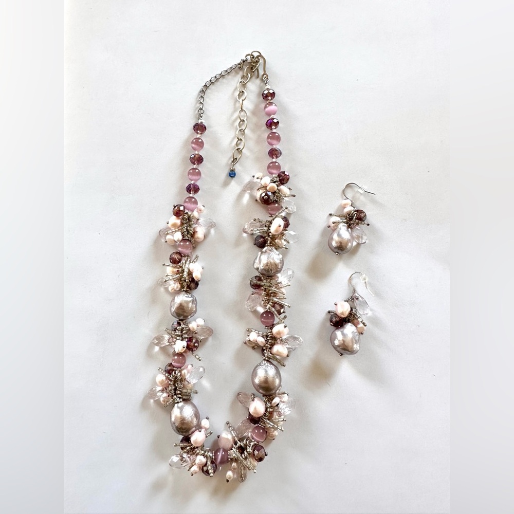 Pearl and Lilac/Pink Beaded Necklace and Earring Set